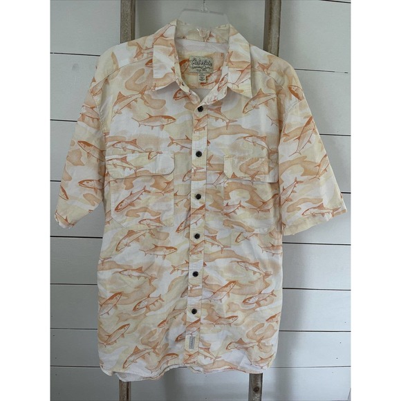 Cabela's Shirts Cabelas Men Short Sleeve Fishing Shirt Vented Orange Fish Print Beach